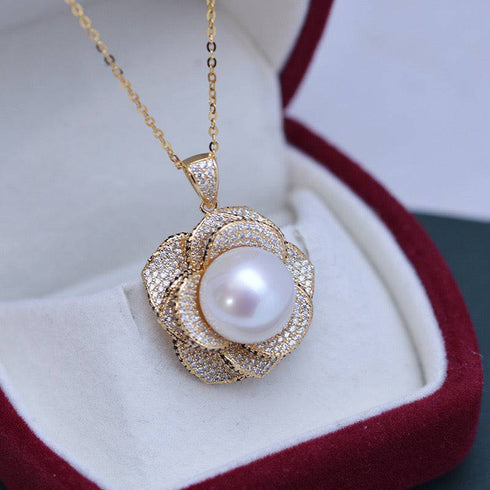 12-13mm Freshwater Pearls & Miya Floral Pendant Necklace - House Of Pearls